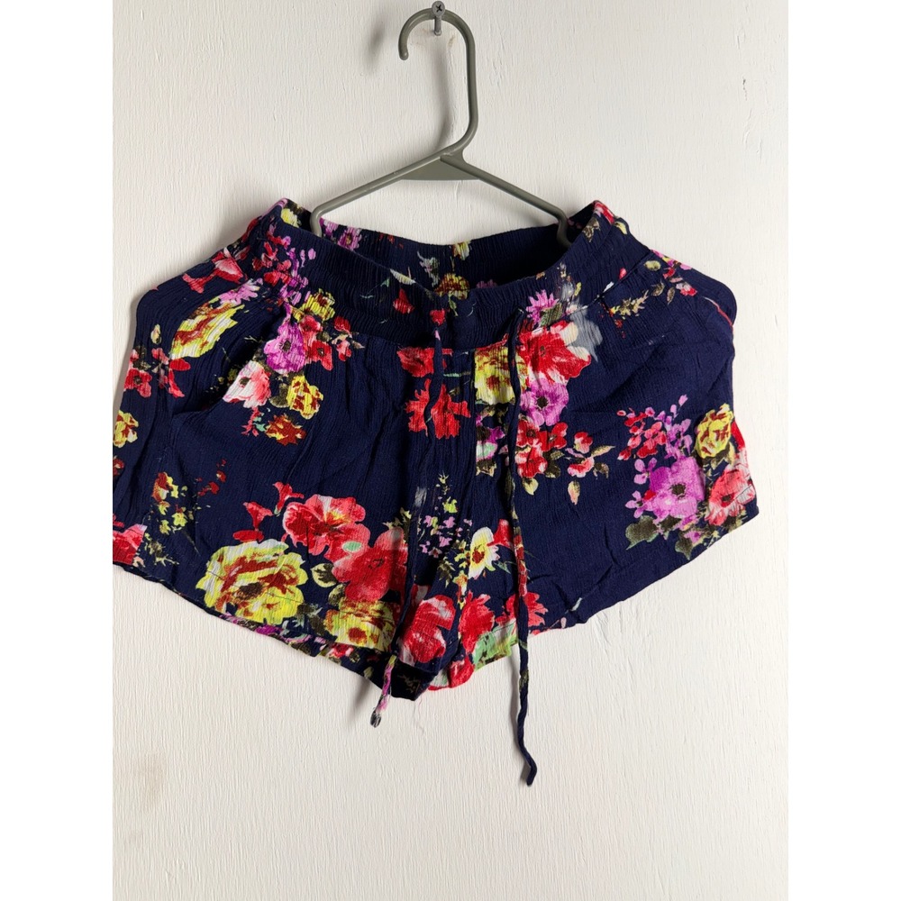 Love Tree Navy Floral Boho Drawstring Shorts Small Elastic Waist Summer Beach